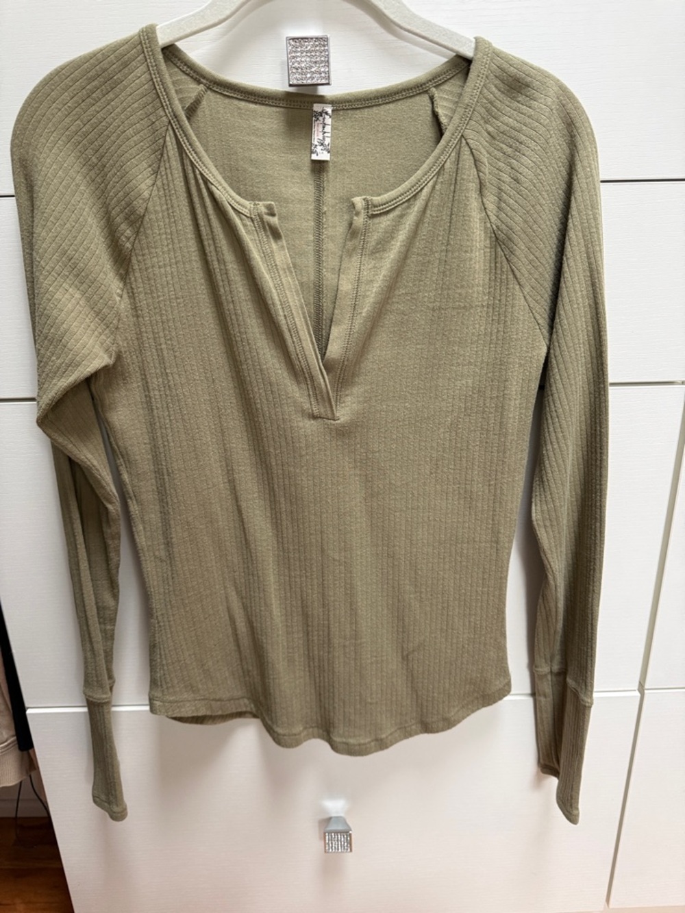 Women’s Olive Ribbed Long-Sleeve Henley Top